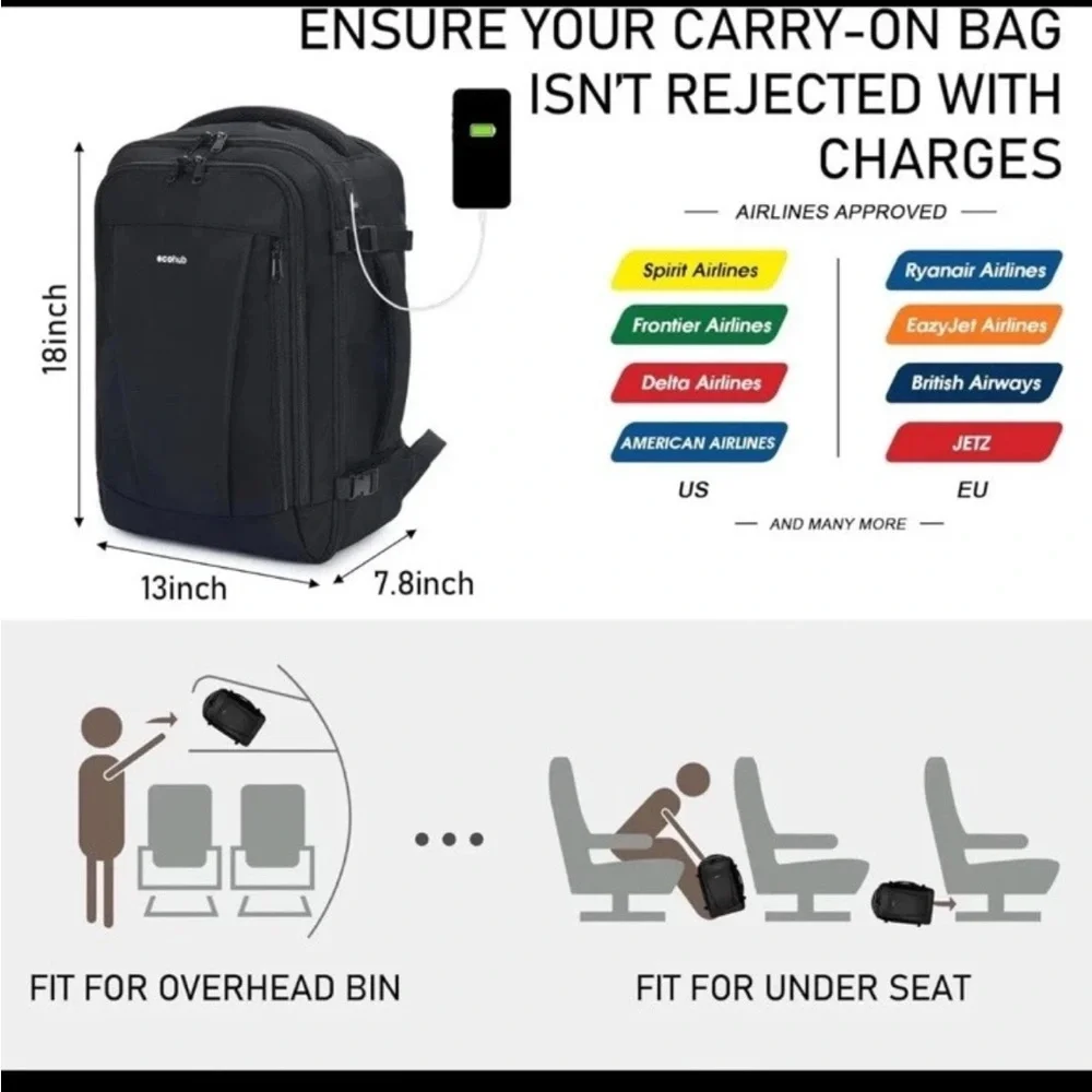 ECOHUB Travel Backpack 18x14x8 Spirit Airlines 18 inch underseat, Black
